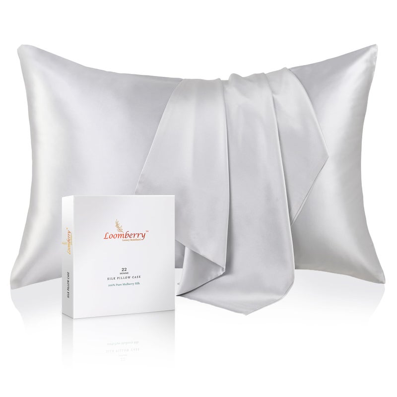 LOOMBERRY 100% Pure Mulberry Silk Pillowcase for Hair and Skin, 6A Grade 22 Momme Silk Pillow Cases with Zipper, Soft Cooling Washable Both Sided Silk Pillow Cover (Silver Grey, Queen 20''x30'') - Image 1